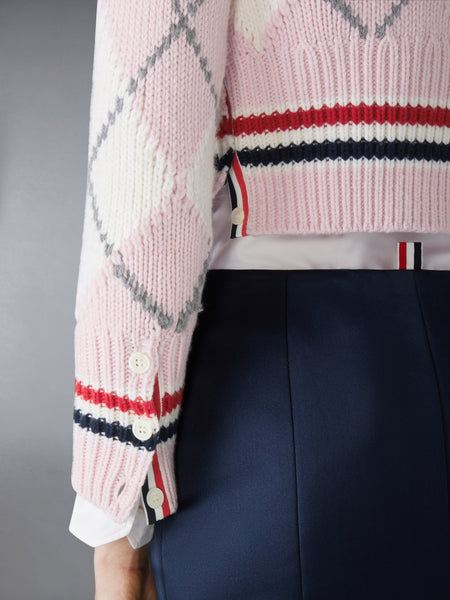 ARGYLE INTARSIA MERINO WOOL SHRUNKEN CARDIGAN LIGHT PINK
