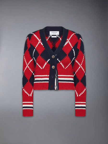 ARGYLE INTARSIA MERINO WOOL SHRUNKEN CARDIGAN RWBWHT