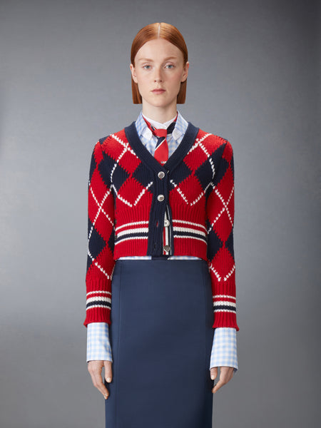 ARGYLE INTARSIA MERINO WOOL SHRUNKEN CARDIGAN RWBWHT