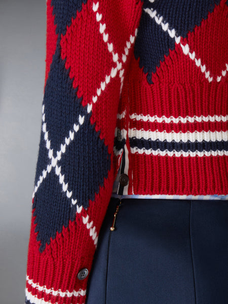 ARGYLE INTARSIA MERINO WOOL SHRUNKEN CARDIGAN RWBWHT