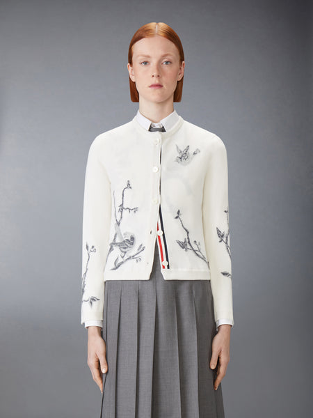 SCENIC BIRDS INTARSIA CASHMERE CARDIGAN WHITE