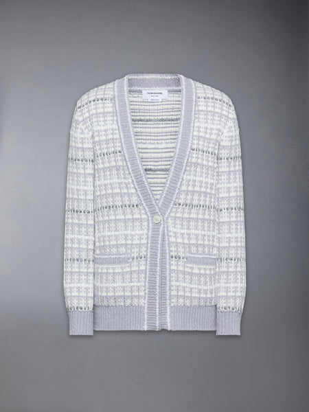 TUCK STITCH TWEED ELONGATED V-NECK CARDIGAN LT GREY