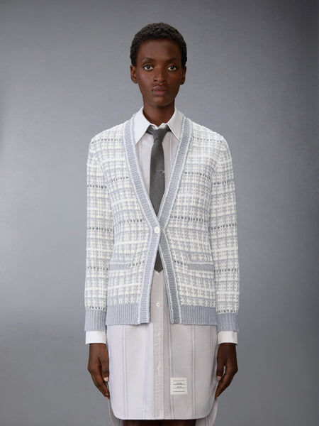 TUCK STITCH TWEED ELONGATED V-NECK CARDIGAN LT GREY