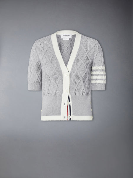 ARGYLE POINTELLE 4-BAR SHORT SLEEVE CARDIGAN PALE GREY