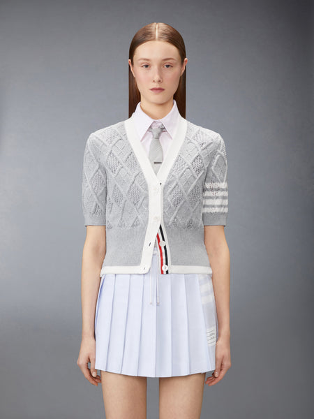 ARGYLE POINTELLE 4-BAR SHORT SLEEVE CARDIGAN PALE GREY