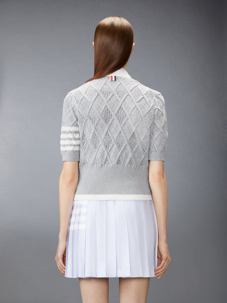 ARGYLE POINTELLE 4-BAR SHORT SLEEVE CARDIGAN PALE GREY
