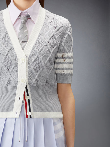 ARGYLE POINTELLE 4-BAR SHORT SLEEVE CARDIGAN PALE GREY