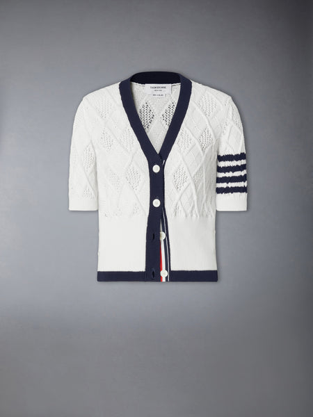 ARGYLE POINTELLE 4-BAR SHORT SLEEVE CARDIGAN WHITE