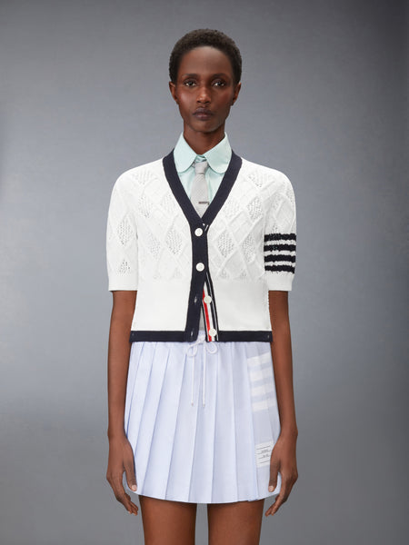 ARGYLE POINTELLE 4-BAR SHORT SLEEVE CARDIGAN WHITE