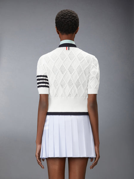 ARGYLE POINTELLE 4-BAR SHORT SLEEVE CARDIGAN WHITE