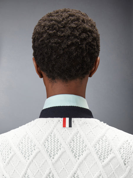ARGYLE POINTELLE 4-BAR SHORT SLEEVE CARDIGAN WHITE