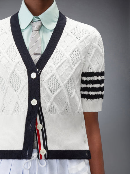 ARGYLE POINTELLE 4-BAR SHORT SLEEVE CARDIGAN WHITE
