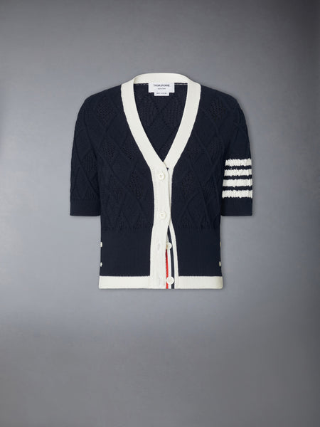 ARGYLE POINTELLE 4-BAR SHORT SLEEVE CARDIGAN NAVY