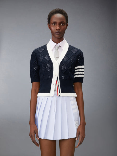 ARGYLE POINTELLE 4-BAR SHORT SLEEVE CARDIGAN NAVY