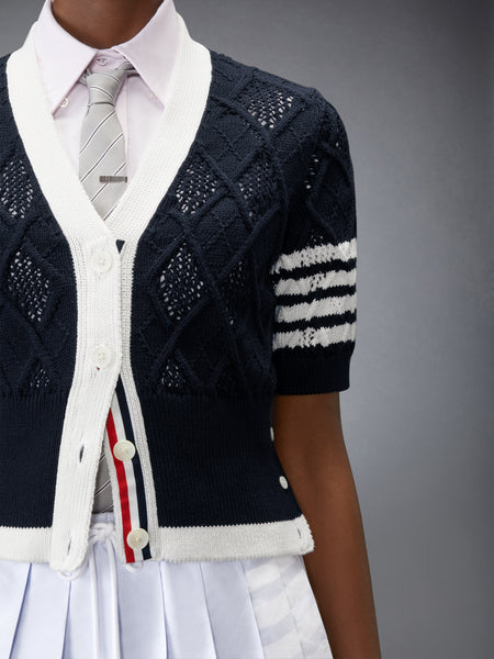 ARGYLE POINTELLE 4-BAR SHORT SLEEVE CARDIGAN NAVY