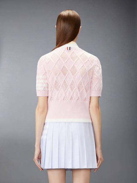 ARGYLE POINTELLE 4-BAR SHORT SLEEVE CARDIGAN LIGHT PINK