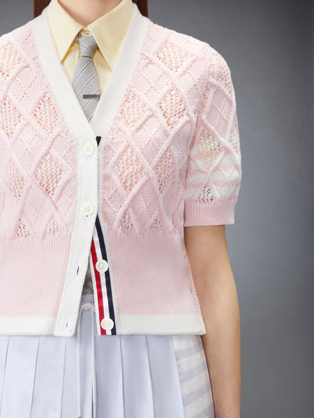 ARGYLE POINTELLE 4-BAR SHORT SLEEVE CARDIGAN LIGHT PINK