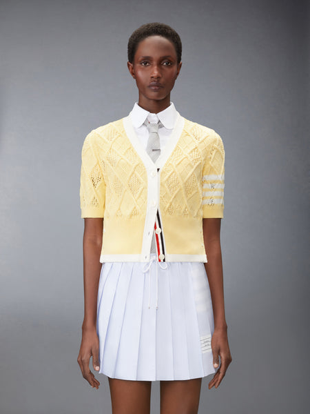 ARGYLE POINTELLE 4-BAR SHORT SLEEVE CARDIGAN LIGHT YELLOW
