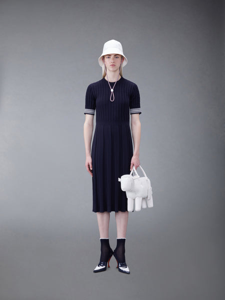 COTTON PLEATED CRICKET STRIPED CABLE DRESS NAVY