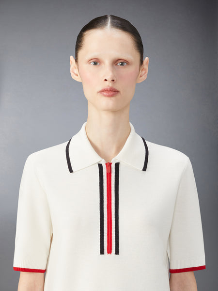 MERINO WOOL MILANO STITCH ZIP UP POLO DRESS WHITE