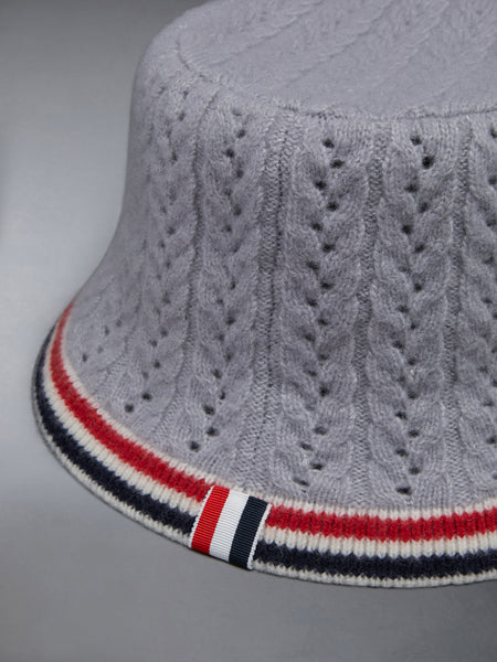 Wool Silk Cashmere Pointelle Stripe Bucket Hat LT GREY