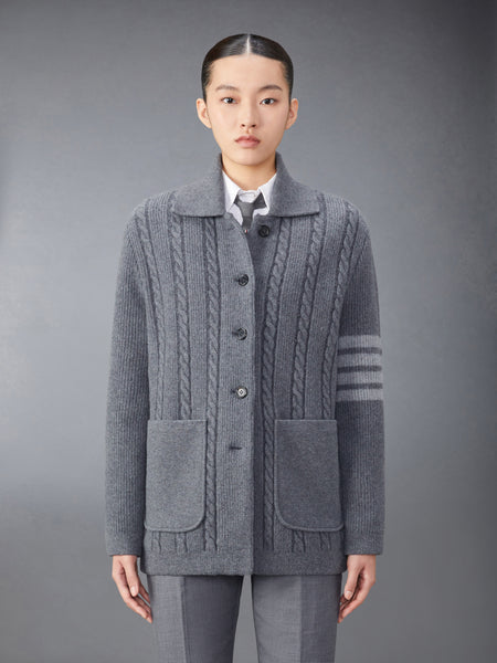 MERINO WOOL AND COTTON 4-BAR CABLE OVERCOAT MED GREY