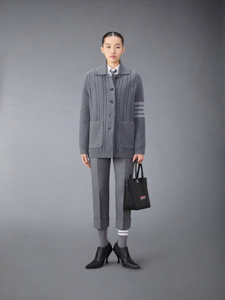 MERINO WOOL AND COTTON 4-BAR CABLE OVERCOAT MED GREY