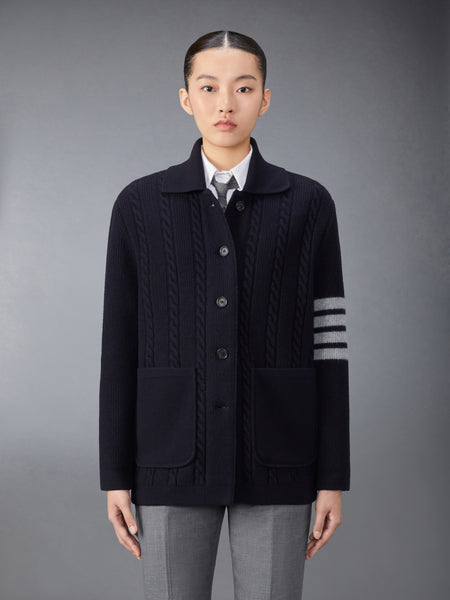 MERINO WOOL AND COTTON 4-BAR CABLE OVERCOAT NAVY