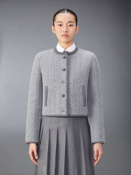 MERINO WOOL HERRINGBONE QUILTED CROPPED CARDIGAN JACKET LT GREY