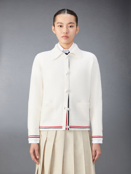MERINO WOOL BRUSHED TUCK STITCH POLO CARDIGAN WHITE