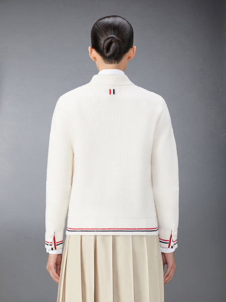MERINO WOOL BRUSHED TUCK STITCH POLO CARDIGAN WHITE