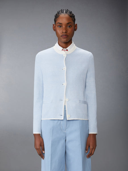 TEXTURED STITCH 4-BAR CEW NECK CARDIGAN LIGHT BLUE