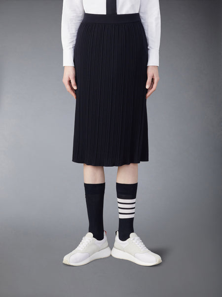 WOOL CREPE RIB STITCH MIDI PLISSE SKIRT NAVY