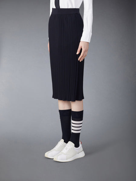 WOOL CREPE RIB STITCH MIDI PLISSE SKIRT NAVY