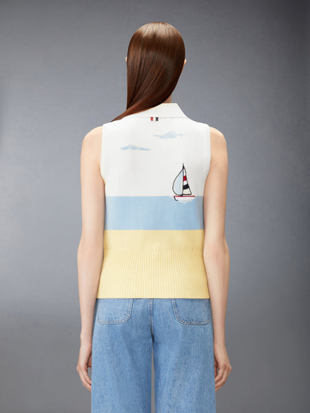 NANTUCKET SCENIC EMBROIDERY JERSEY SLEEVELESS POLO WHITE