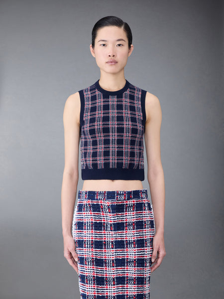 Prince of Wales Cashmere Cropped Crew Neck Shell Top RWBWHT