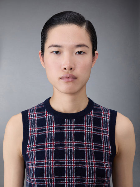 Prince of Wales Cashmere Cropped Crew Neck Shell Top RWBWHT
