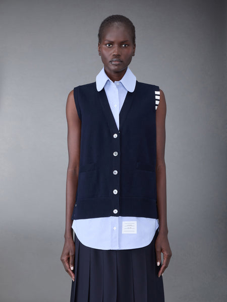 Cotton Milano and Oxford 4-Bar V-Neck Cardigan Vest and Shirt Combo NAVY