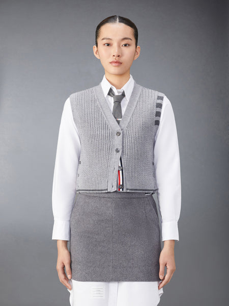 MERINO WOOL 4-BAR CROPPED CABLE CARDIGAN VEST LT GREY