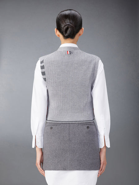 MERINO WOOL 4-BAR CROPPED CABLE CARDIGAN VEST LT GREY