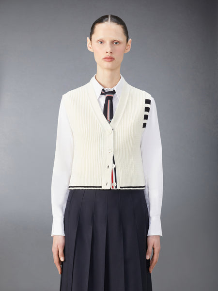 MERINO WOOL 4-BAR CROPPED CABLE CARDIGAN VEST WHITE