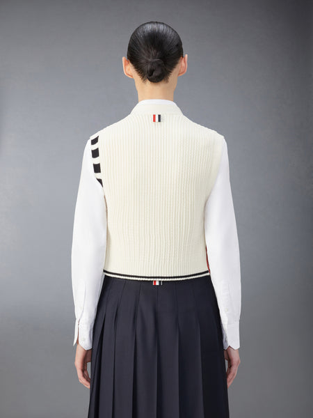 MERINO WOOL 4-BAR CROPPED CABLE CARDIGAN VEST WHITE