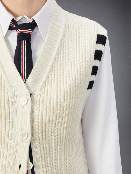 MERINO WOOL 4-BAR CROPPED CABLE CARDIGAN VEST WHITE