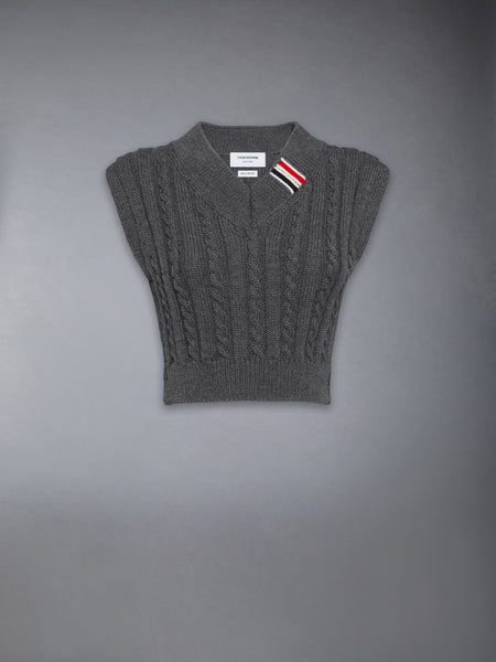 BABY CABLE CROPPED V NECK PULLOVER MED GREY