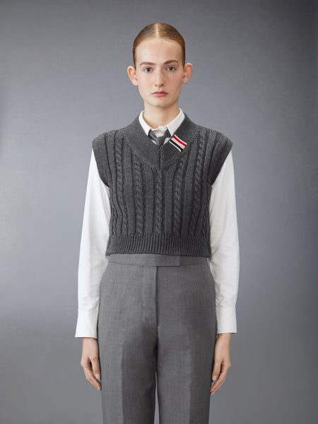 BABY CABLE CROPPED V NECK PULLOVER MED GREY