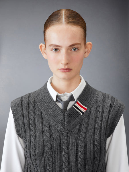BABY CABLE CROPPED V NECK PULLOVER MED GREY