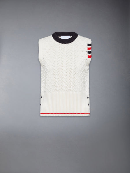 CABLE POINTELLE STITCH MERINO WOOL 4-BAR SHELL TOP WHITE