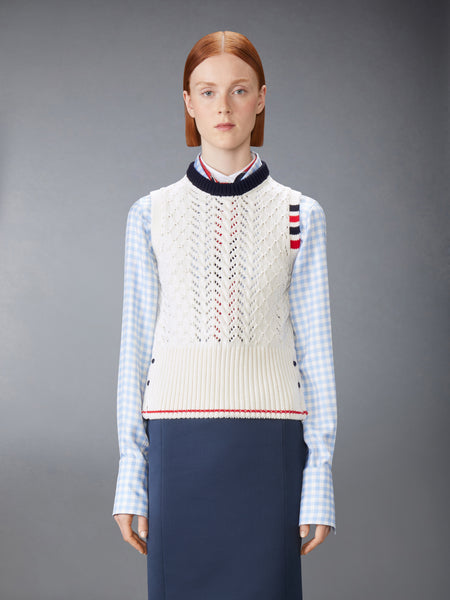 CABLE POINTELLE STITCH MERINO WOOL 4-BAR SHELL TOP WHITE