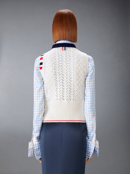 CABLE POINTELLE STITCH MERINO WOOL 4-BAR SHELL TOP WHITE