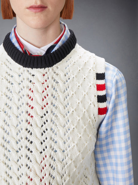 CABLE POINTELLE STITCH MERINO WOOL 4-BAR SHELL TOP WHITE